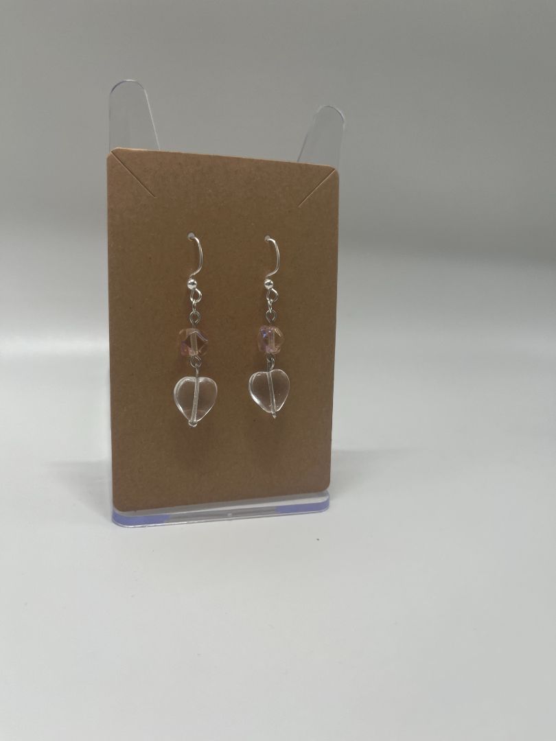 Valentine's Day Pink & Clear Heart Dangley Earrings | Handmade | Silver