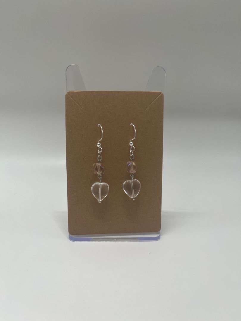 Valentine's Day Pink & Clear Heart Dangley Earrings | Handmade | Silver