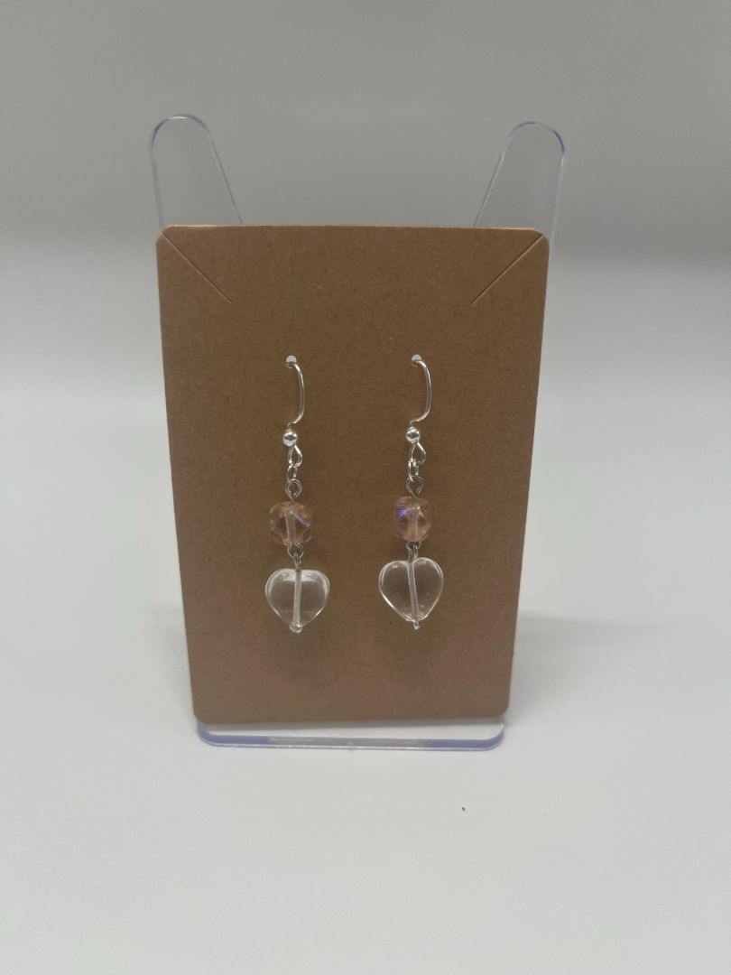 Valentine's Day Pink & Clear Heart Dangley Earrings | Handmade | Silver