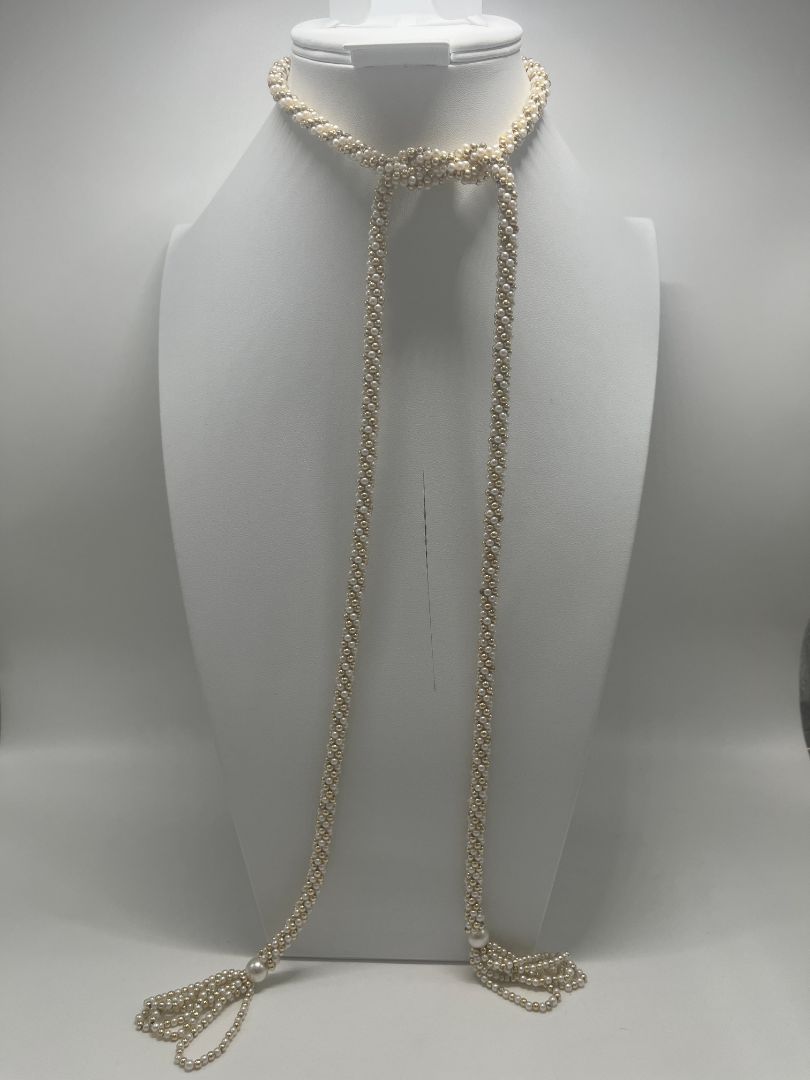Vintage Inspired Braided Faux-Pearl & Gold Necklace with Tassels