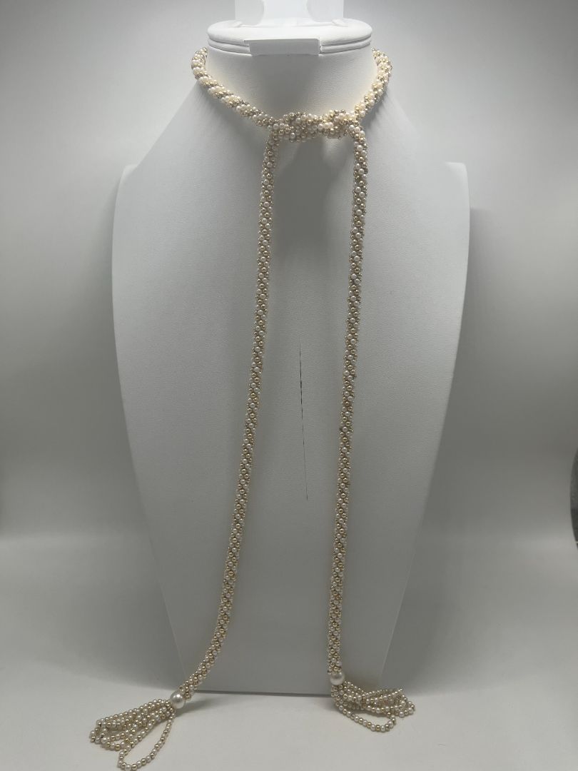 Vintage Inspired Braided Faux-Pearl & Gold Necklace with Tassels