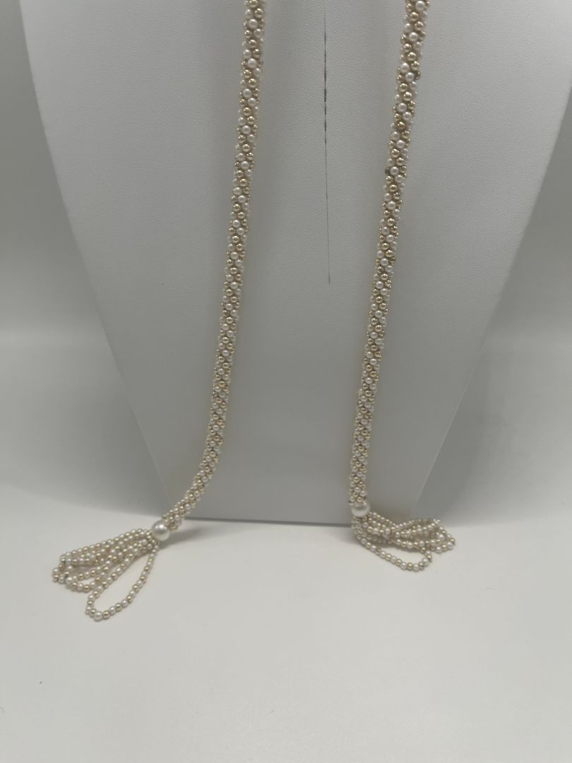 Vintage Inspired Braided Faux-Pearl & Gold Necklace with Tassels
