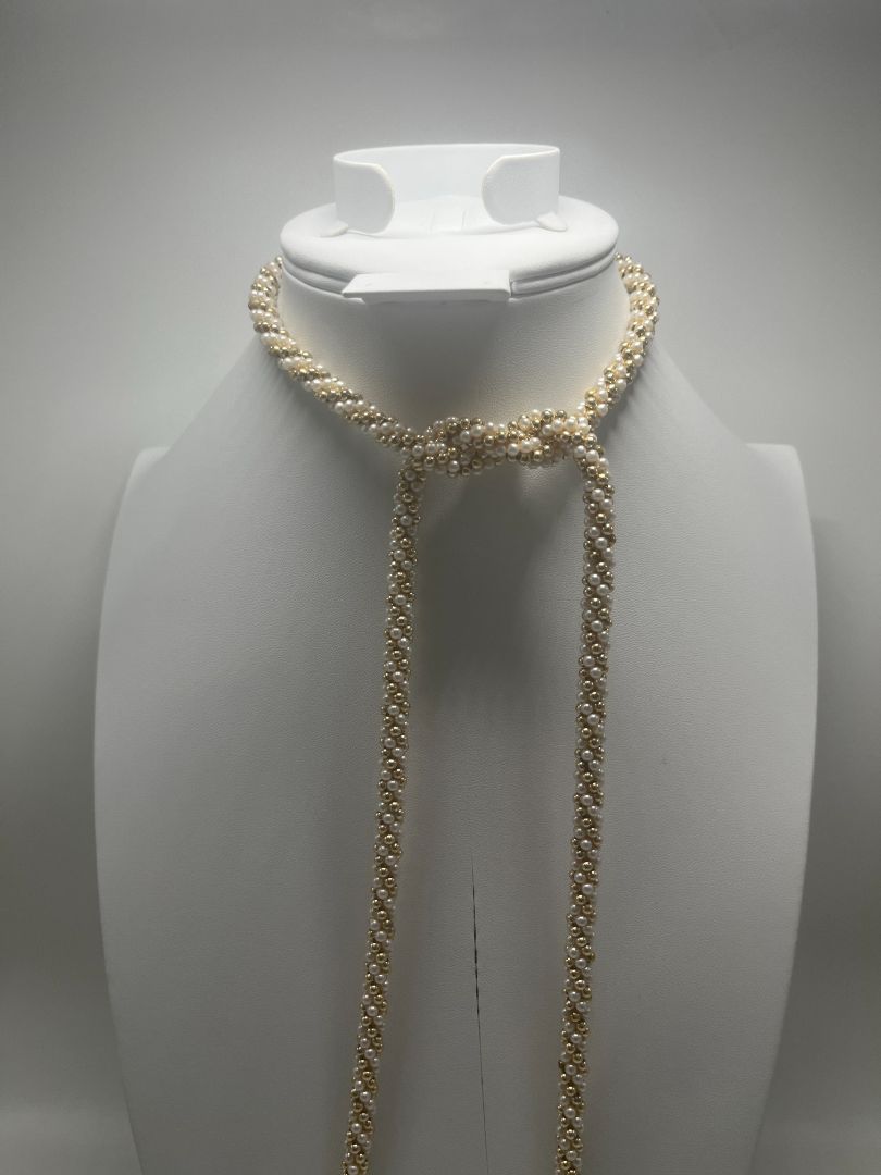 Vintage Inspired Braided Faux-Pearl & Gold Necklace with Tassels