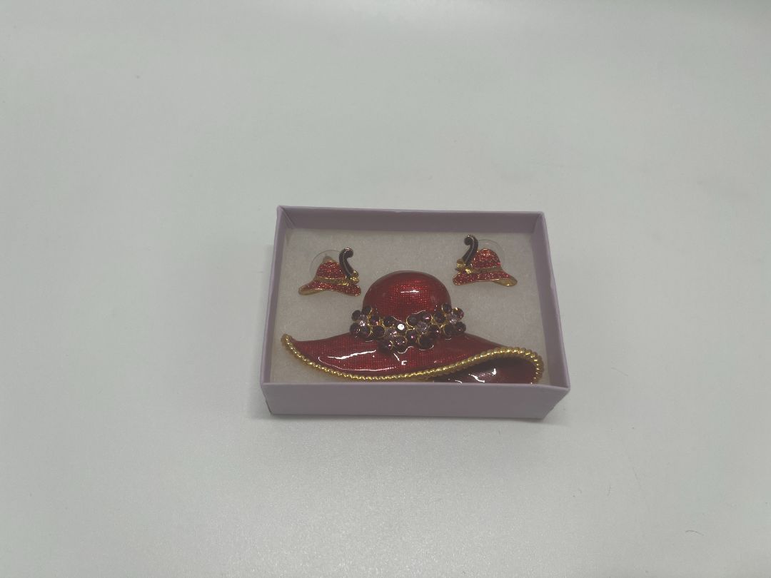 Vintage Gold/Red Sequined Hats Earrings & Brooch Pin Set