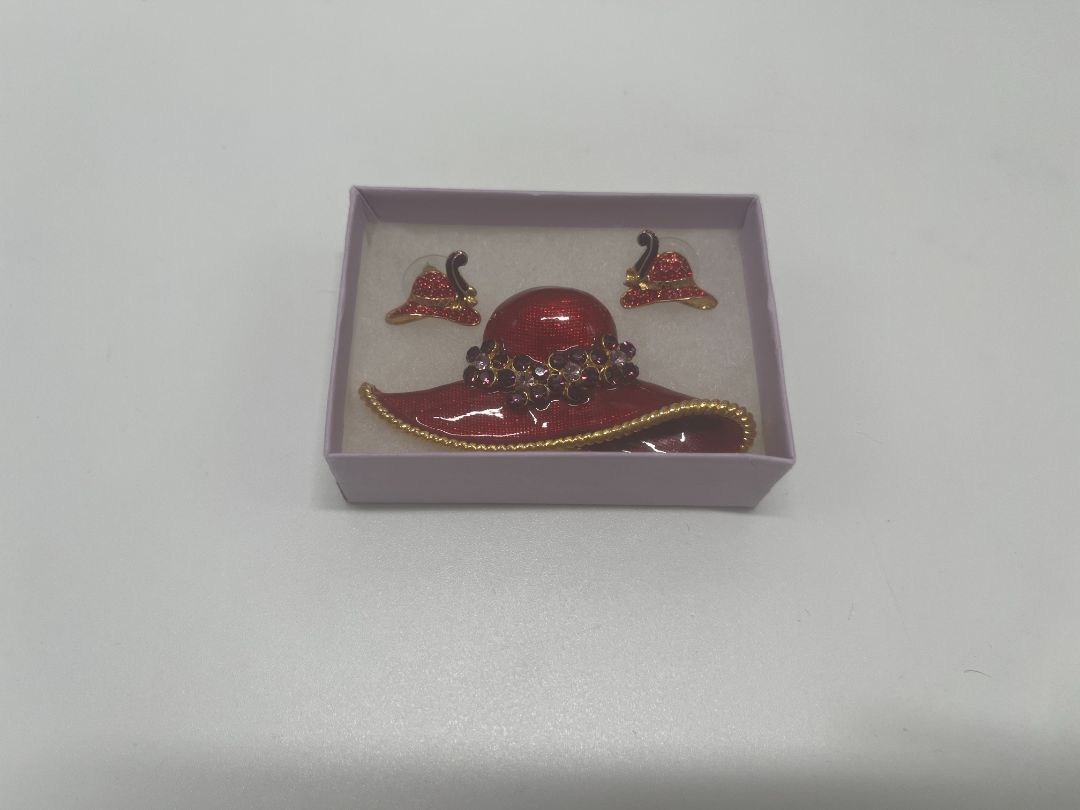 Vintage Gold/Red Sequined Hats Earrings & Brooch Pin Set
