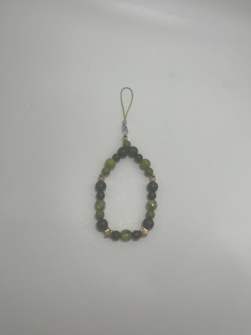 Green Multi-Toned Beaded Phone Charm with Gold Stars | Light Green Strap