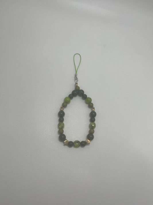 Green Multi-Toned Beaded Phone Charm with Gold Stars | Light Green Strap