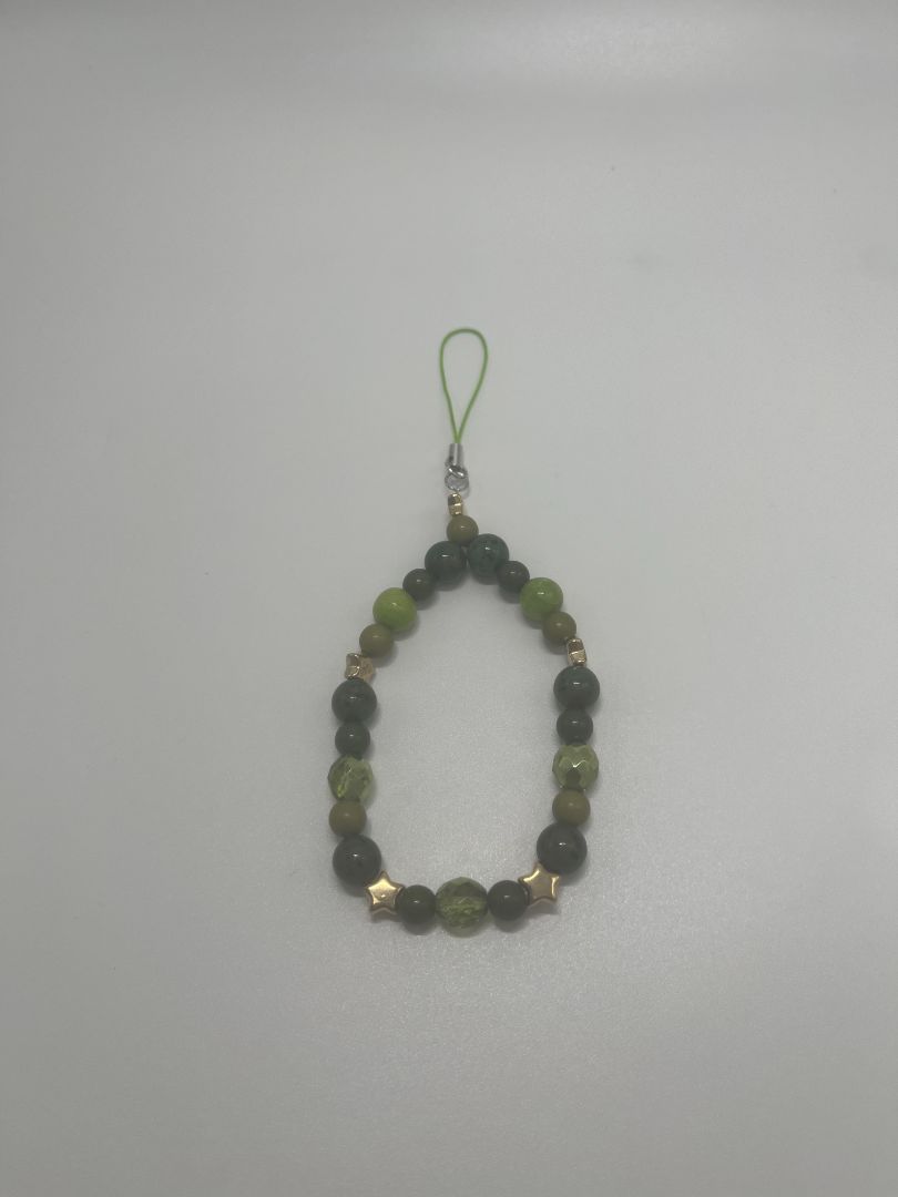 Green Multi-Toned Beaded Phone Charm with Gold Stars | Light Green Strap