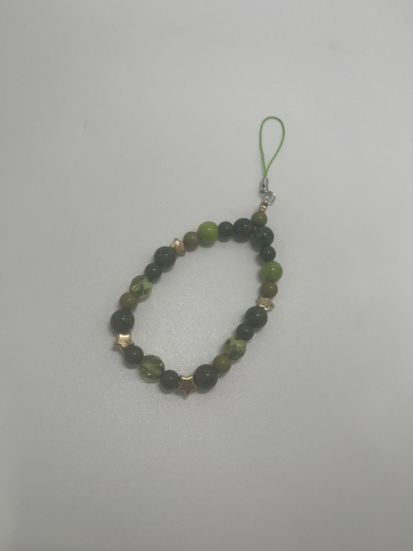 Green Multi-Toned Beaded Phone Charm with Gold Stars | Light Green Strap