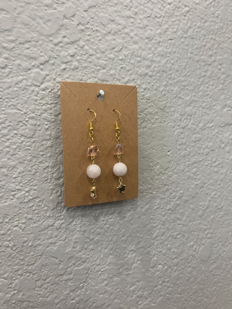 Rose Quartz + Stars Beaded Wire Earrings | Pink & Gold | Handmade