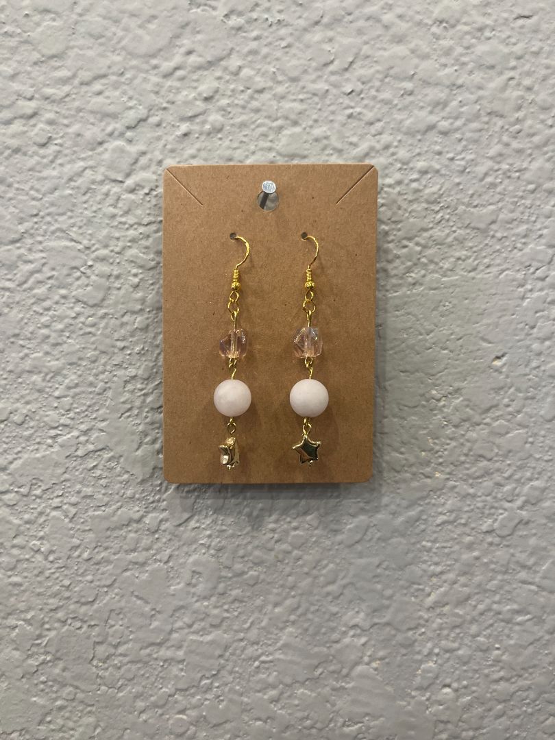 Rose Quartz + Stars Beaded Wire Earrings | Pink & Gold | Handmade