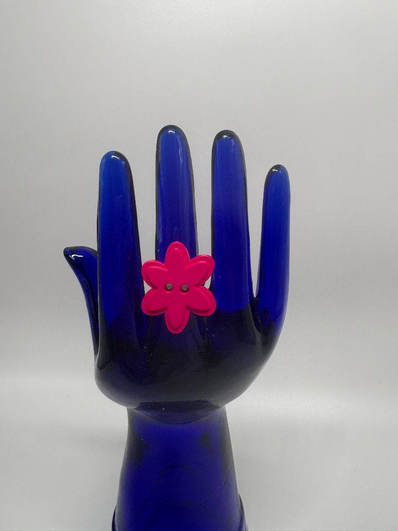 Pink Flower Handmade Acrylic Button Adjustable Ring