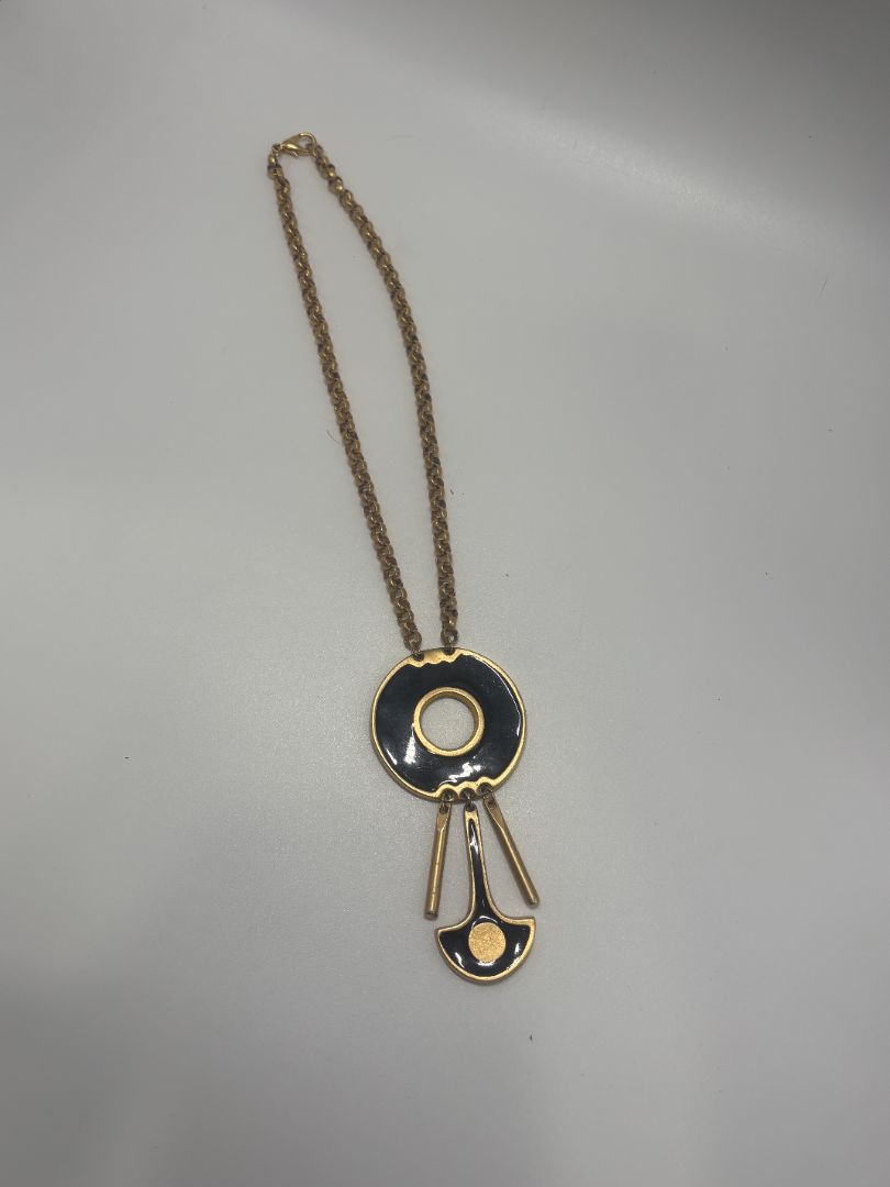 Vintage 1980s Black/Gold Enamel Modernist Pendant Necklace
