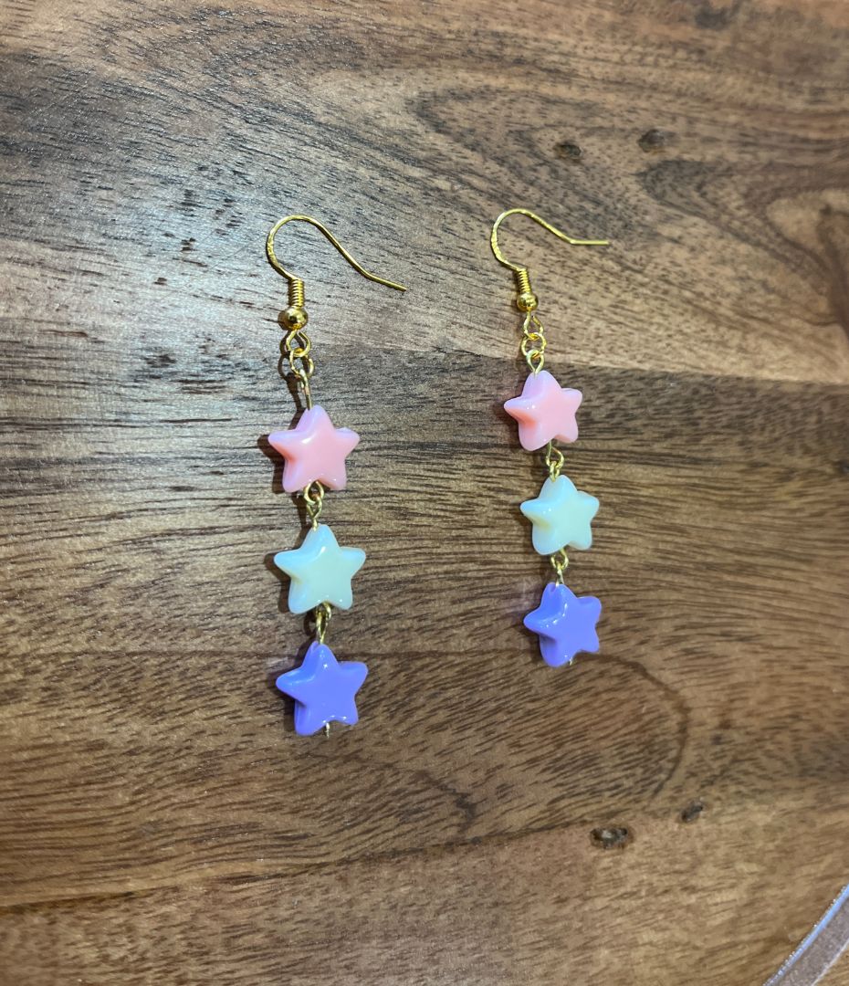 Triple Star Pastel Bead Gold Wire Loop Earrings