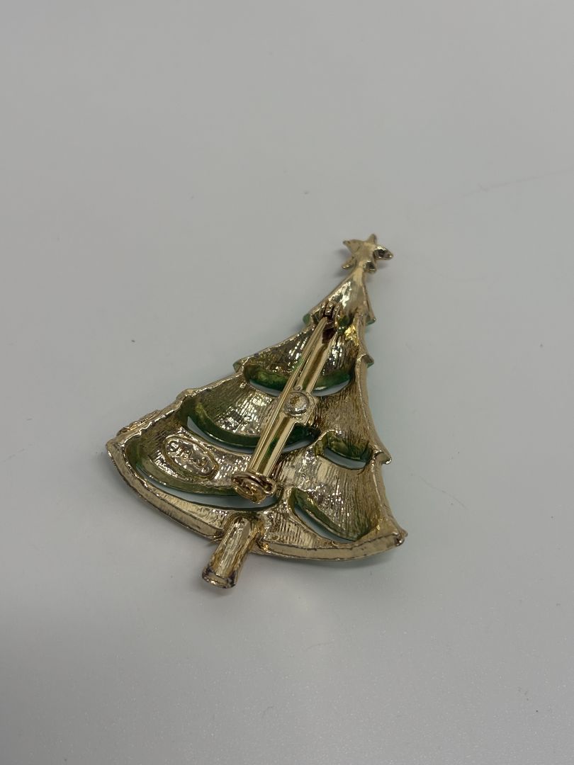 Signed BJ Green/Gold Vintage Mid-Century 1960s/1970s Christmas Tree Brooch Pin