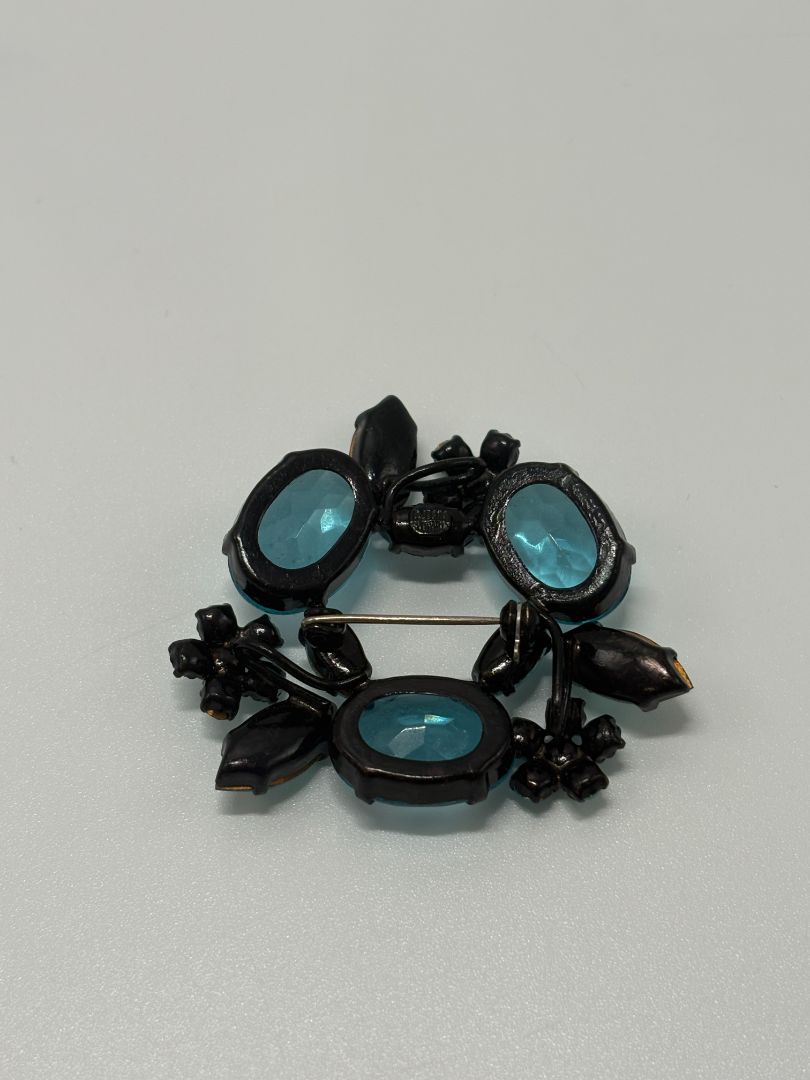 Black/Blue Vintage 1960s Mid Century Signed Joseph Warner Rhinestone Japanned Brooch Pin
