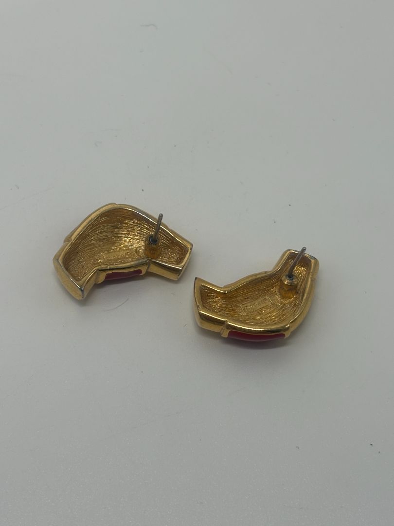 Napier Signed Vintage 1980s Red Enamel Crescent Earrings