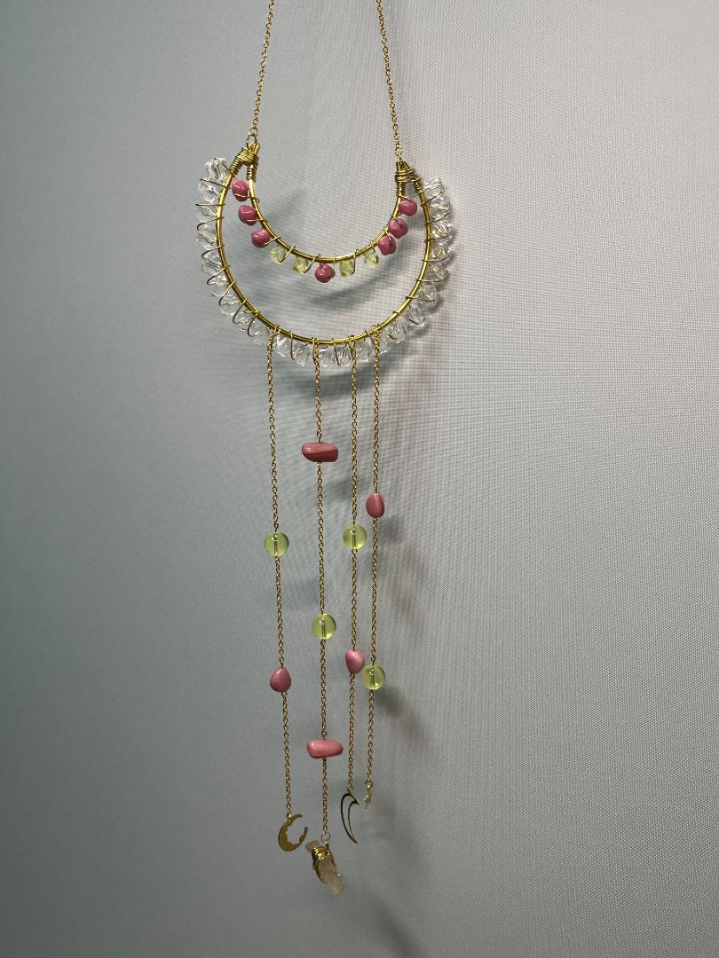 Celestial + Clear Quartz Gold, Pink, & Green Beaded SunCatcher Hanging Wall Decor | Handmade