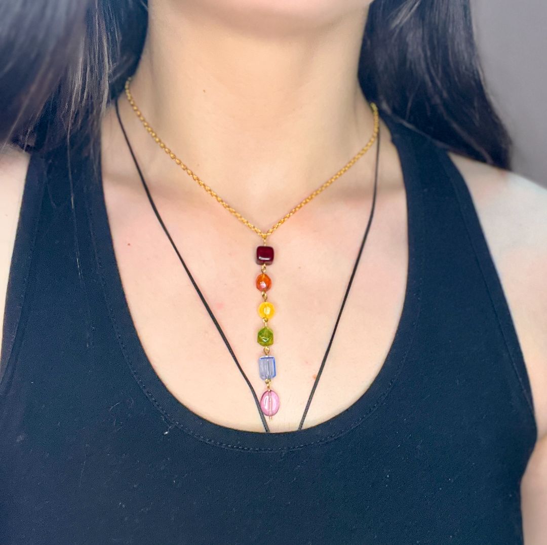 LGBQT+ Pride Gold Beaded Dangle Necklace | Adjustable | Handmade