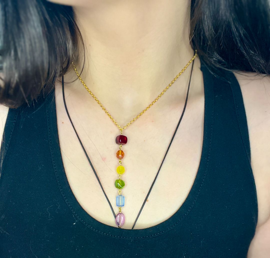 LGBQT+ Pride Gold Beaded Dangle Necklace | Adjustable | Handmade