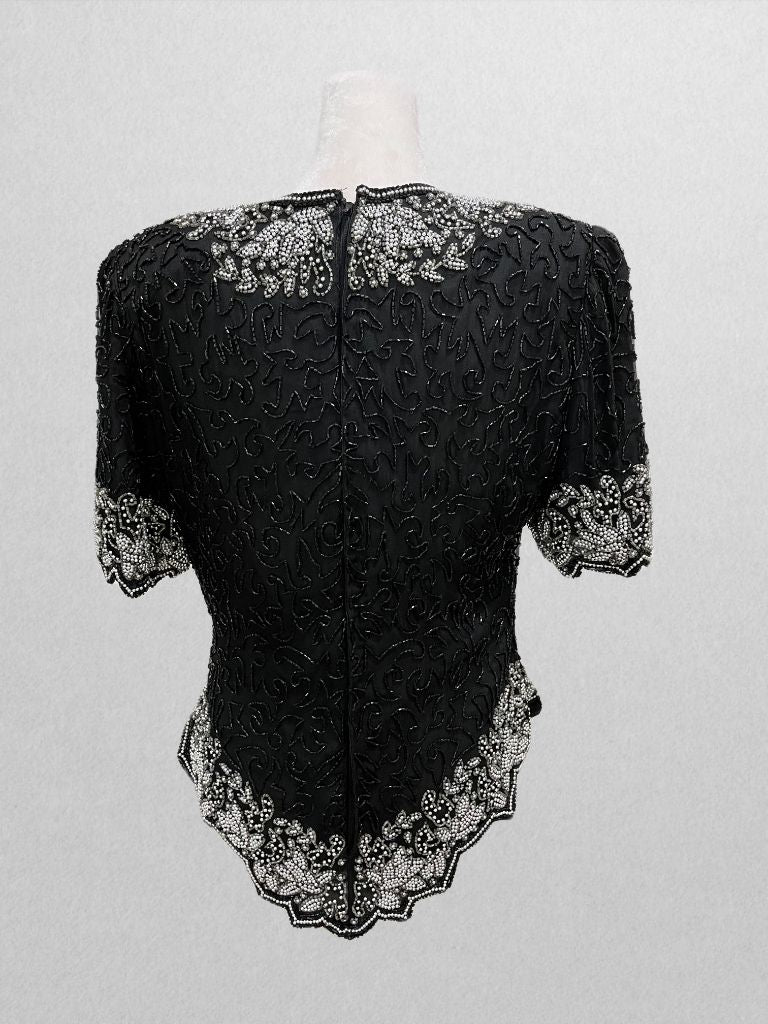 Laurence Kazar Vintage Black Sequin Short Sleeve Blouse