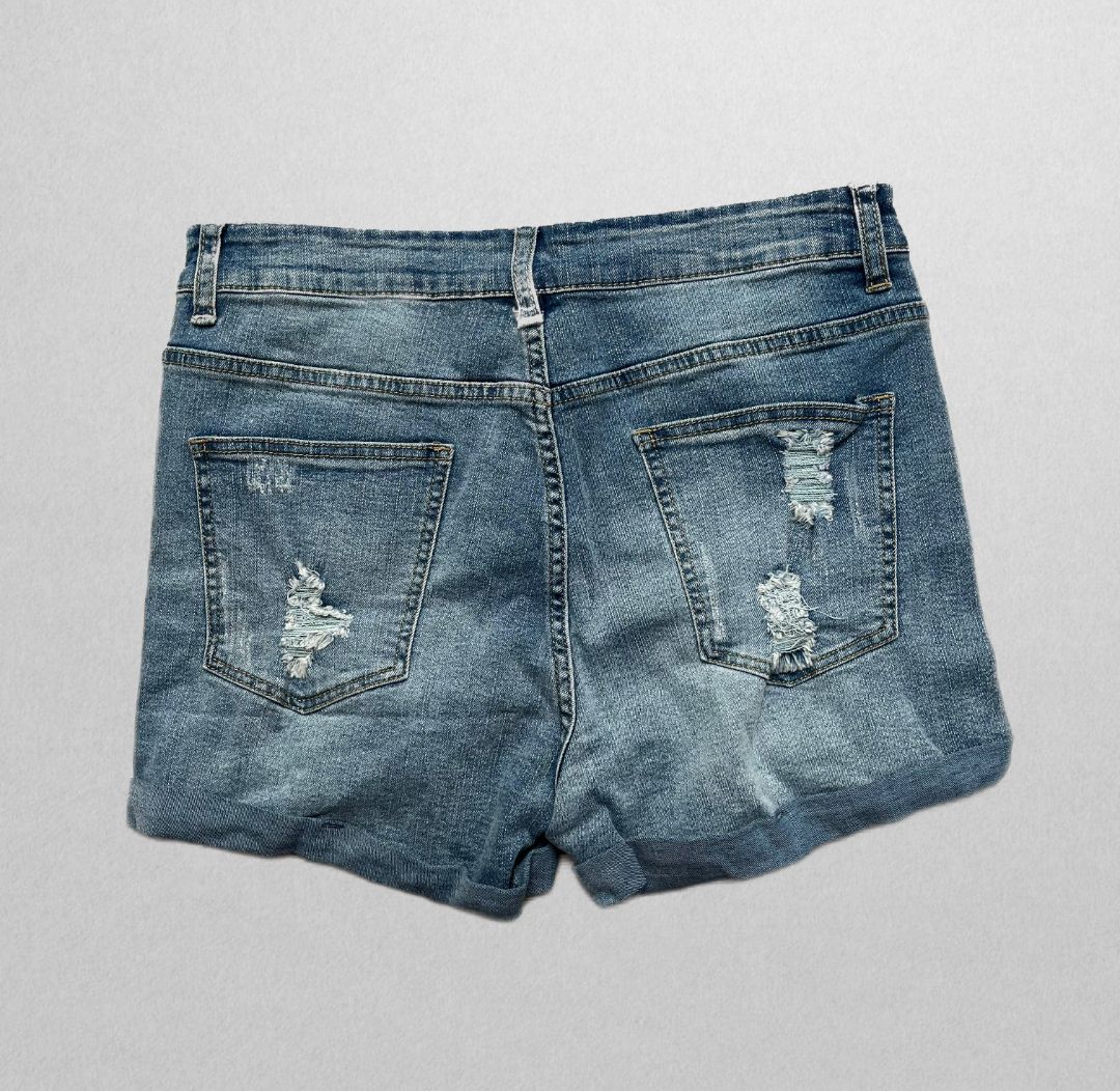 Sidefeel Blue Denim Ripped Raw Hem Shorts