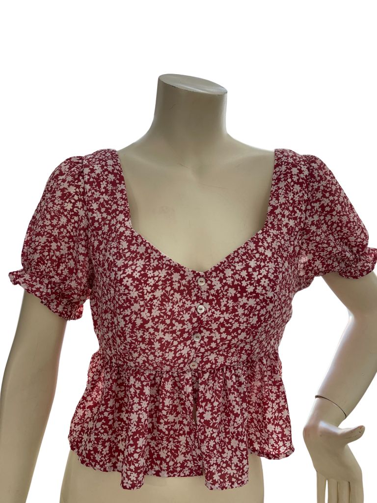 Love Tree Burgundy Cropped Blouse with Puff Sleeves