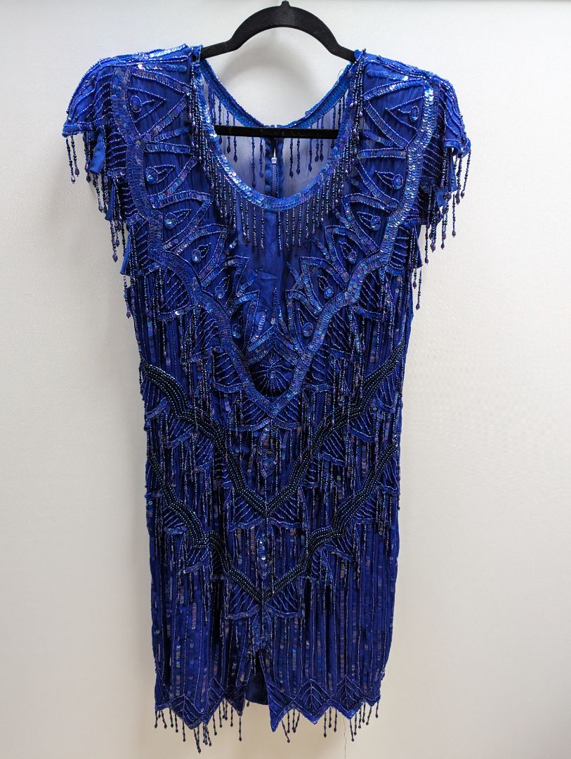 Scala Blue Beaded & Sequin Cocktail Cap Sleeve Dress