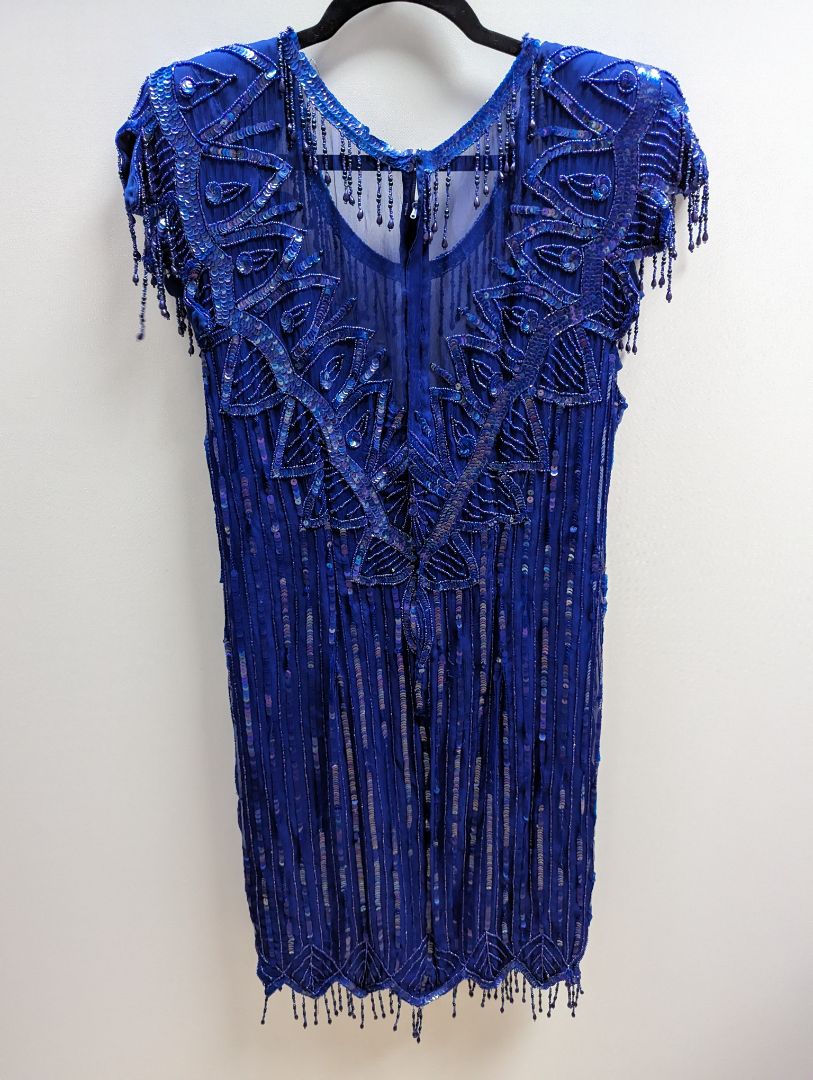 Scala Blue Beaded & Sequin Cocktail Cap Sleeve Dress