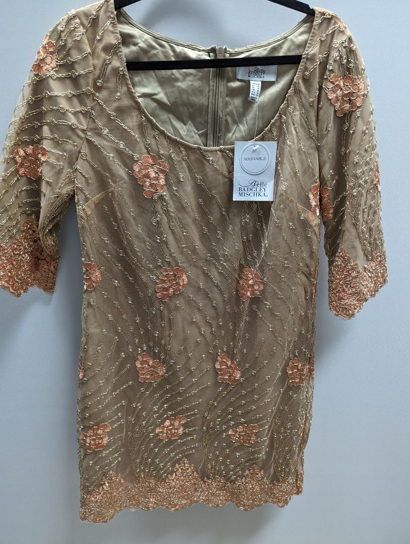 Belle Badgley Mischka Brown Embellished Dress with Gold and Peach
