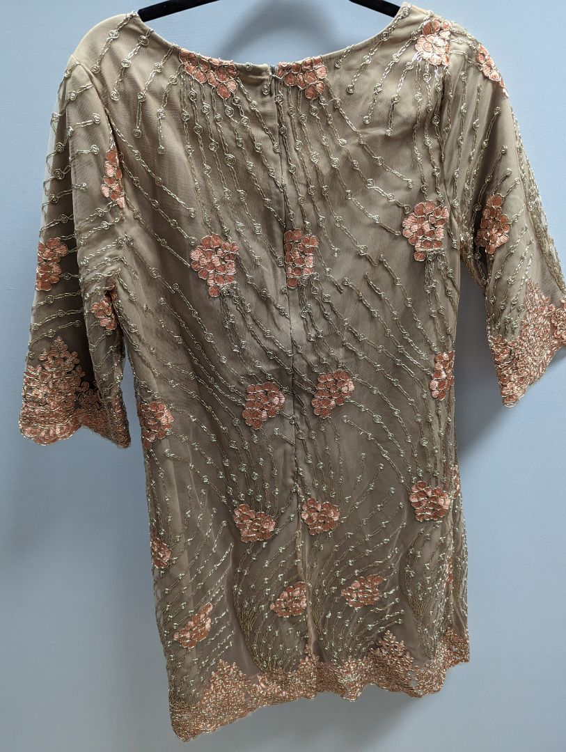 Belle Badgley Mischka Brown Embellished Dress with Gold and Peach