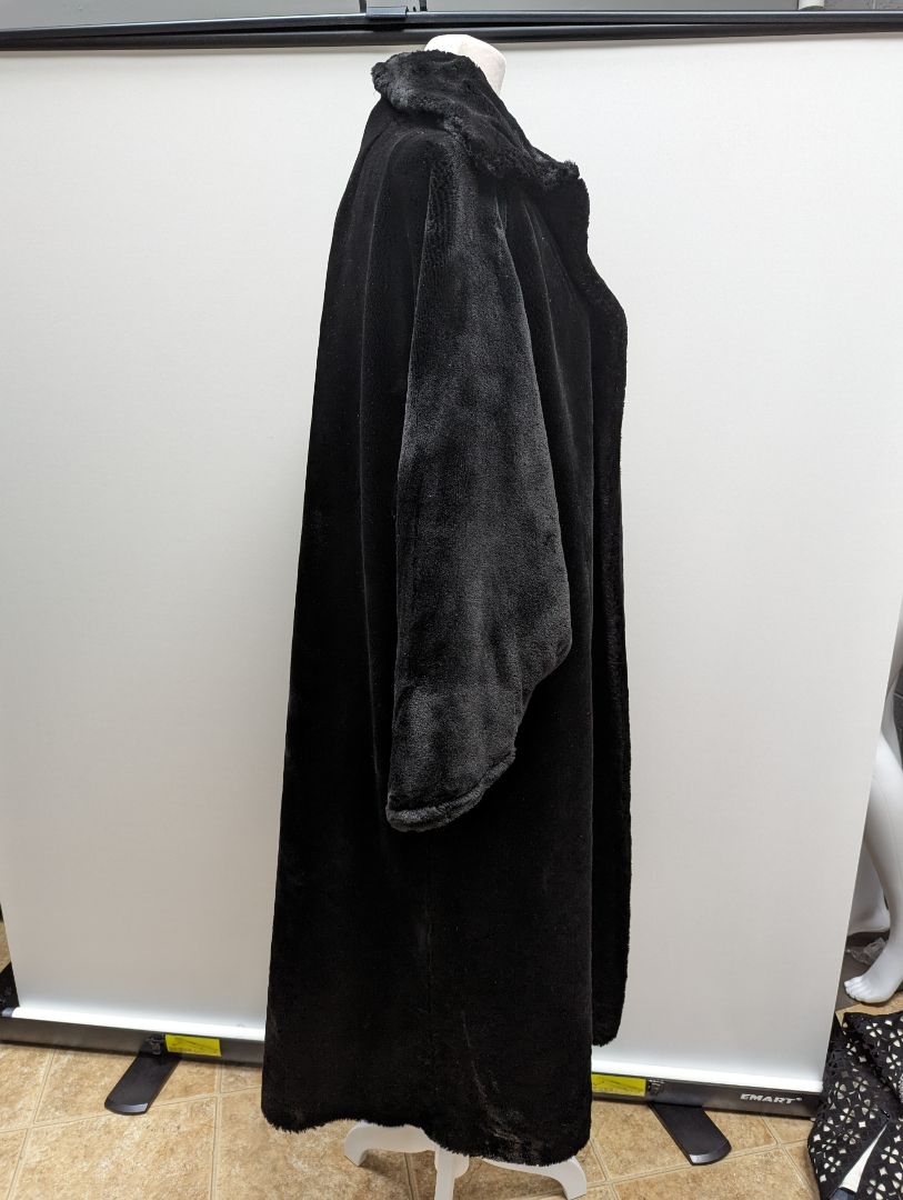 Vintage 1970s Long Black Faux Fur Open Front Coat
