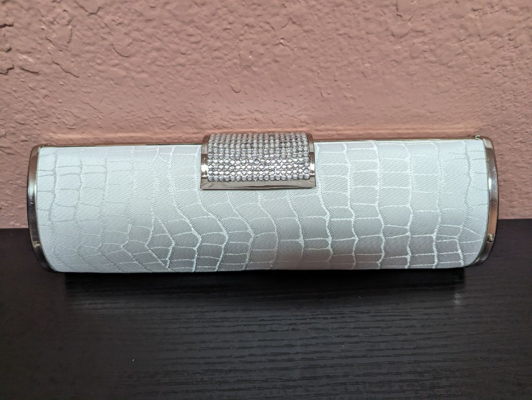 White Fabric Clutch with Silver Rhinestones