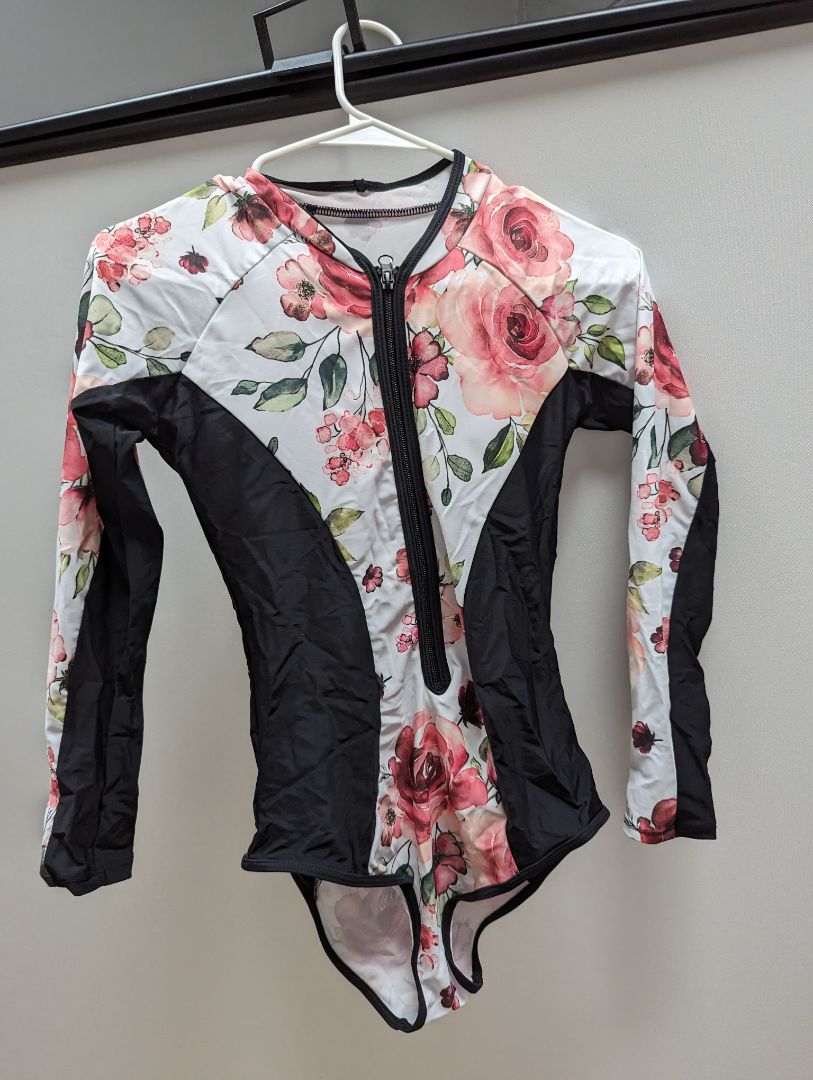 Swimall White, Black, and Rose Long Sleeve One Piece Swimsuit