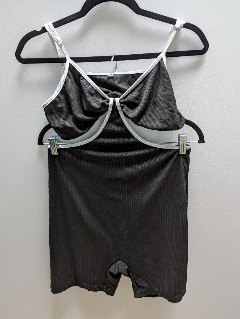 Black with White Trim Ribbed Backless Romper