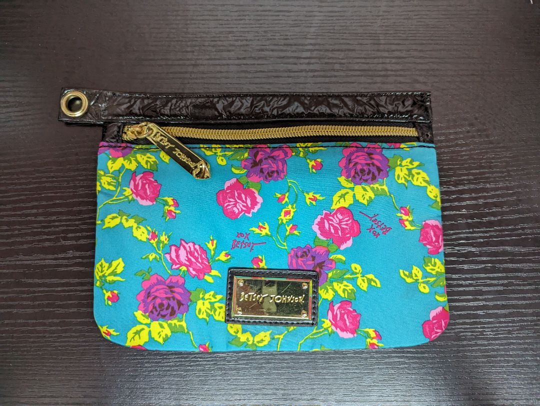Betsy Johnson Teal Roses Cosmetic Clutch Pouch