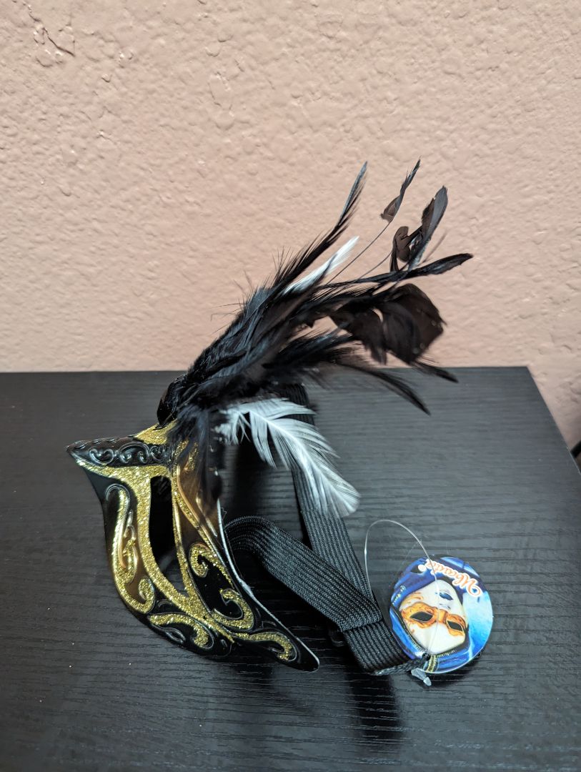 Ubauta Black and Gold Feathered Venetian Masquerade Mask Costume Accessory