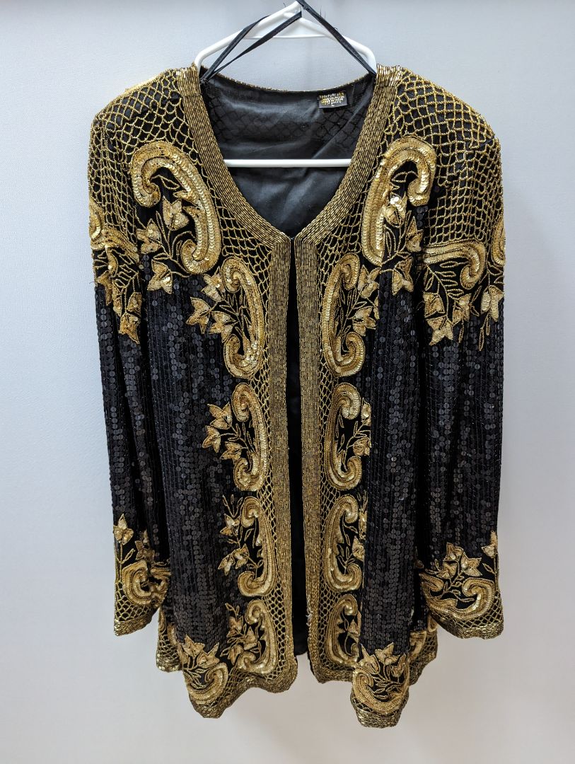 Vintage Black Silk Blazer with Gold Sequins and Beading