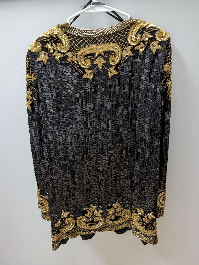 Vintage Black Silk Blazer with Gold Sequins and Beading