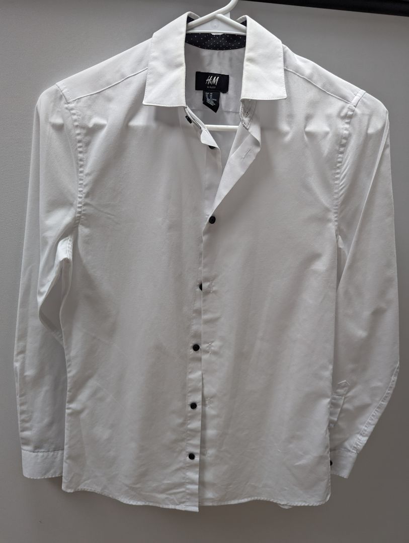 h&m men's slim fit dress shirt H&M Slim Fit Dress Shirt Men Navy Blue Long Sleeve Button Up White Dots Size M