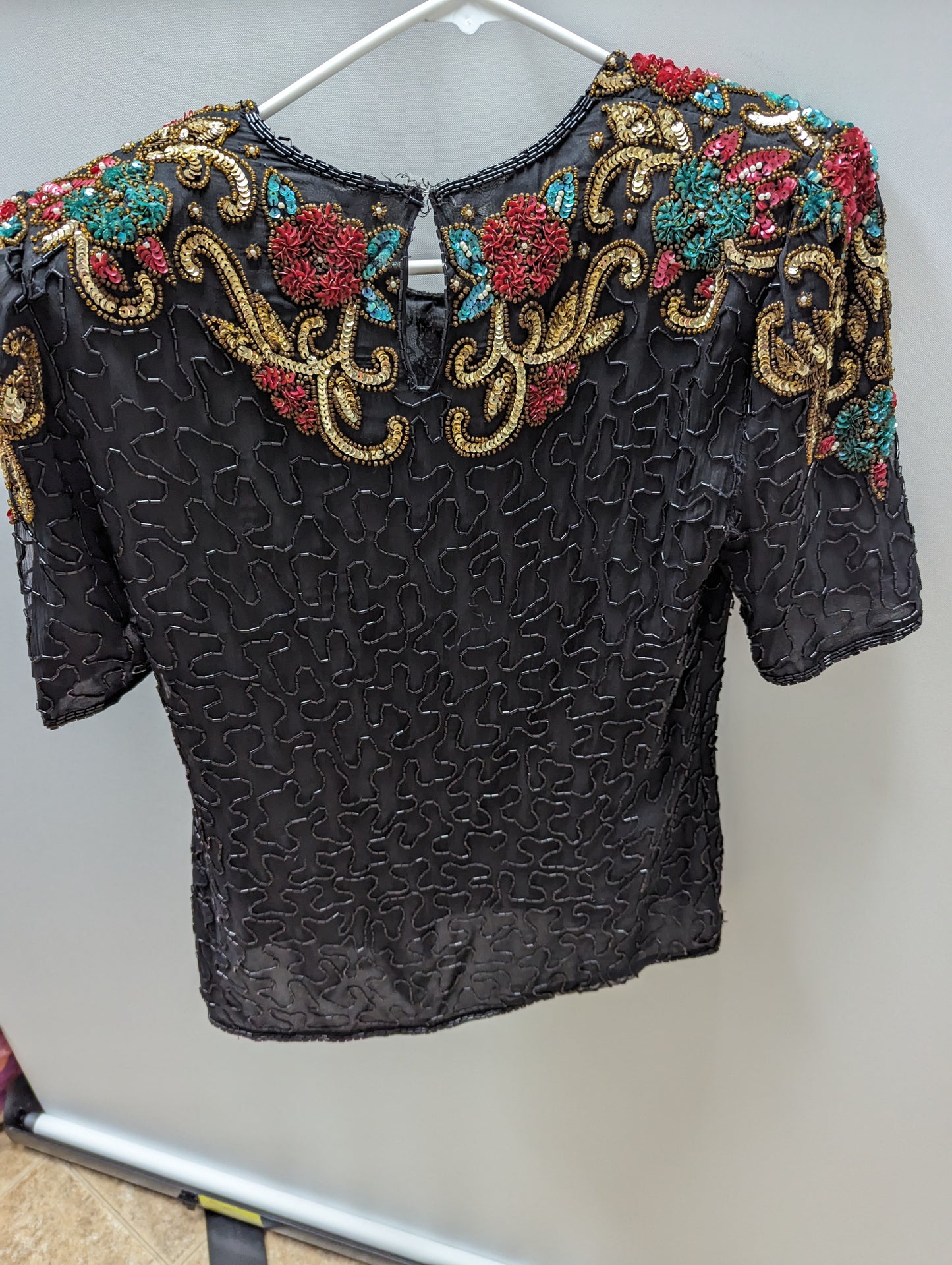 Scala Vintage Black Sequin Short Sleeve Blouse