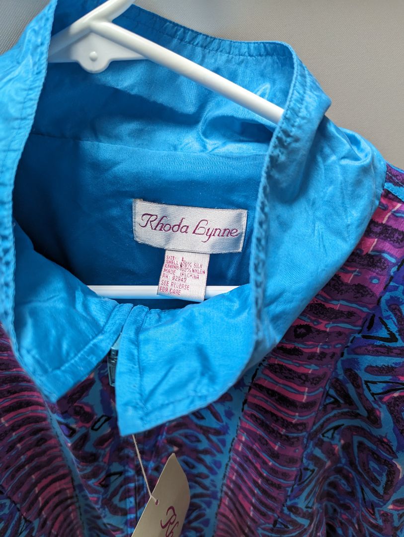 Rhoda Lynne Vintage Silk Turquoise/Purple/Pink Zip Up Windbreaker Jacket (NWT)