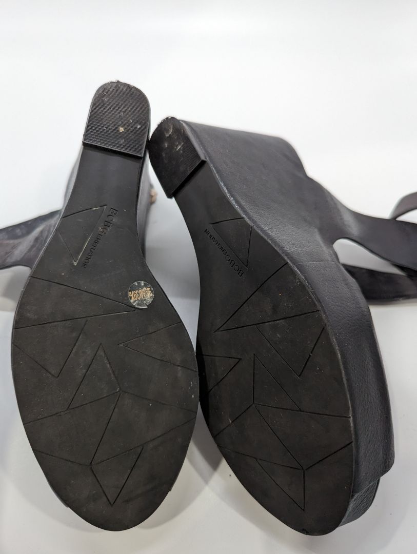 BCBGeneration Black Cross Ankle Strap Wedge Sandals