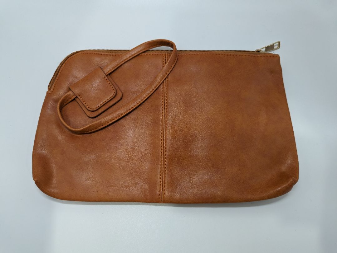 Orange Leather Zippered Clutch with Wrist Strap