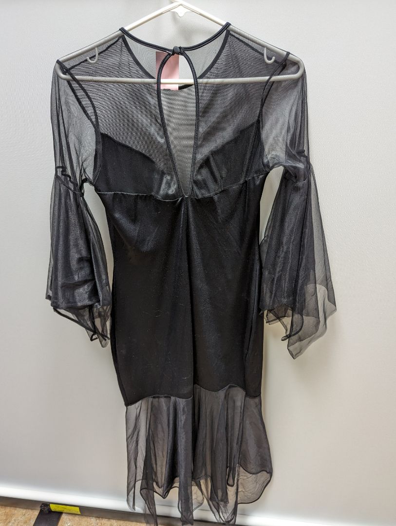Black Mesh Plunge Dress with Asymmetric Sleeves