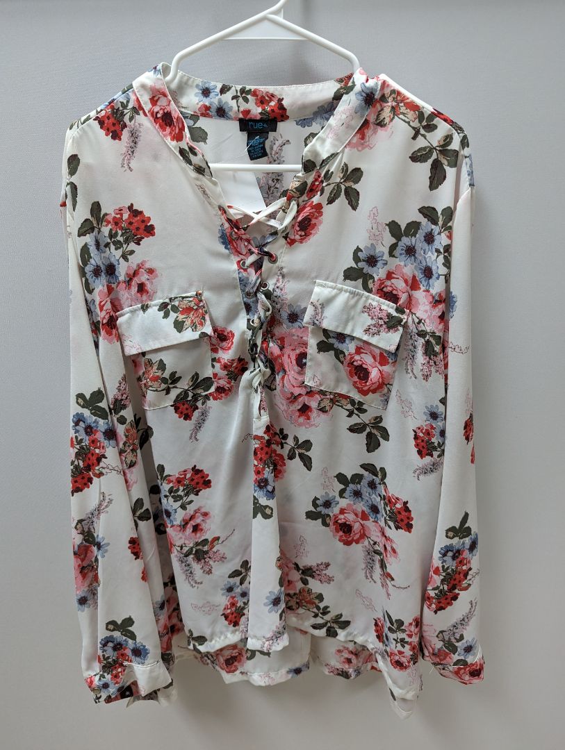 rue + White Floral Long Sleeve Blouse with Lace Up Front