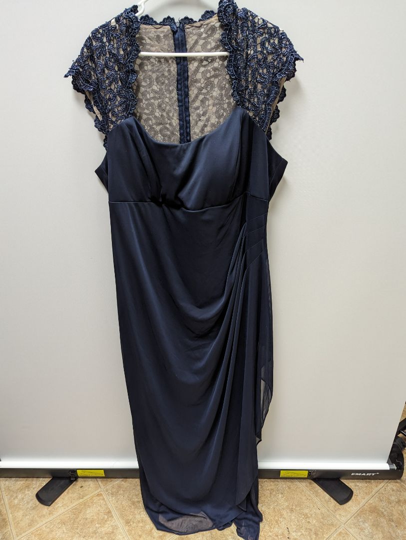 XSCAPE Navy Lace Back Formal Dress – Recycled Threads XSCAPE Navy Lace Back Formal Dress – Recycled Threads