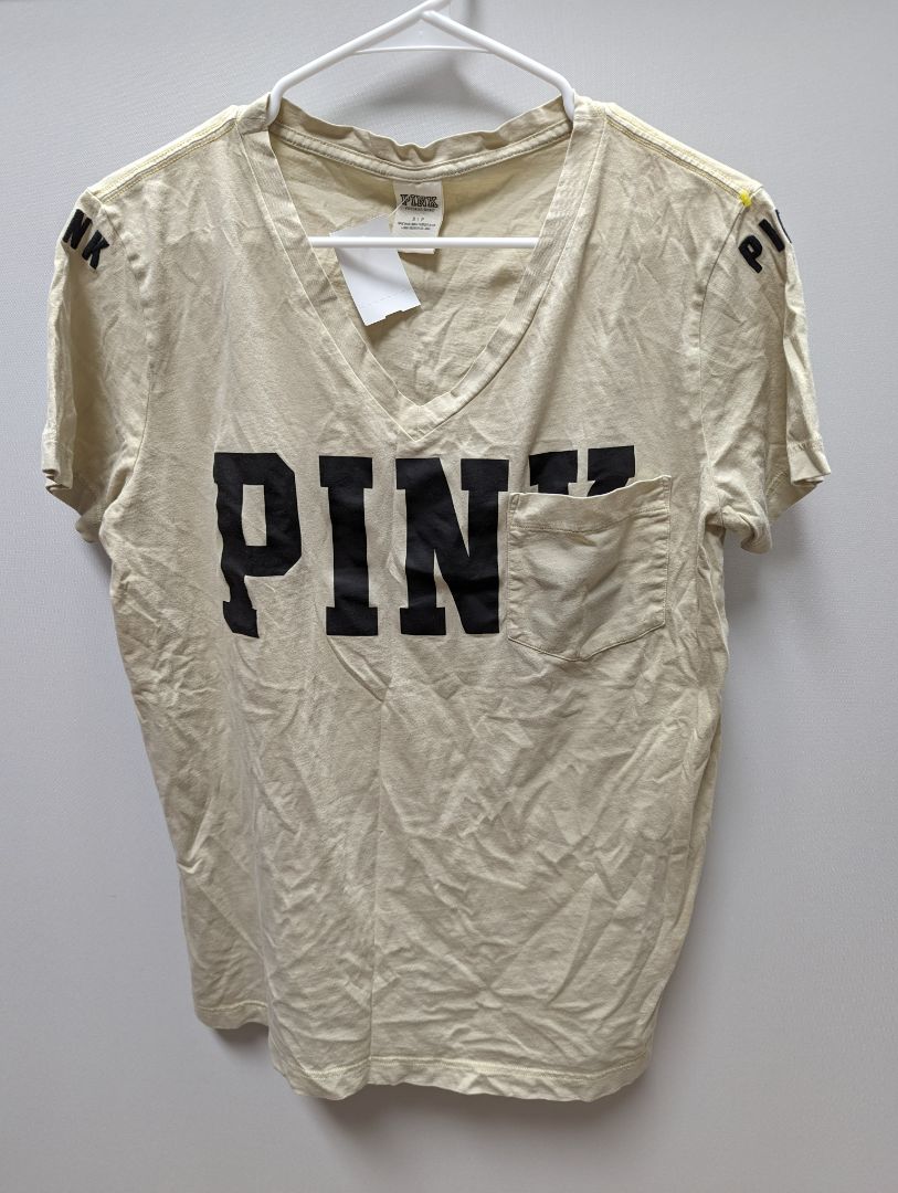 PINK Tan V-Neck "Pink" Logo Tee