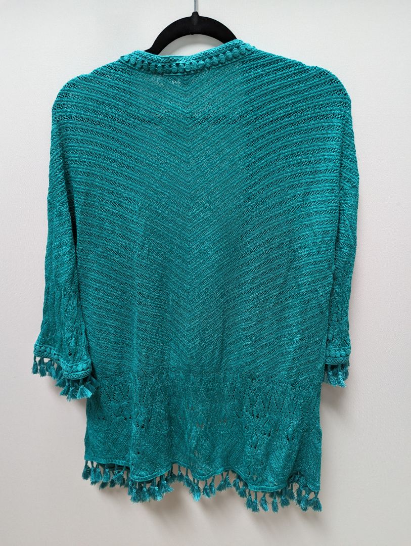 Chico's Teal Light Open Knit Cardigan with Tassels