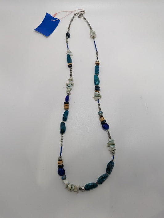 Blue Glass Wood Bead Necklace